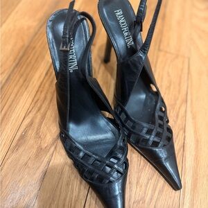 Franco Fortini Black Leather Pointed Toe Slingback Heels